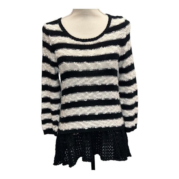 Anthropologie S Knitted and Knotted Black White Striped Chunky Knit Sweater Long - Picture 1 of 8